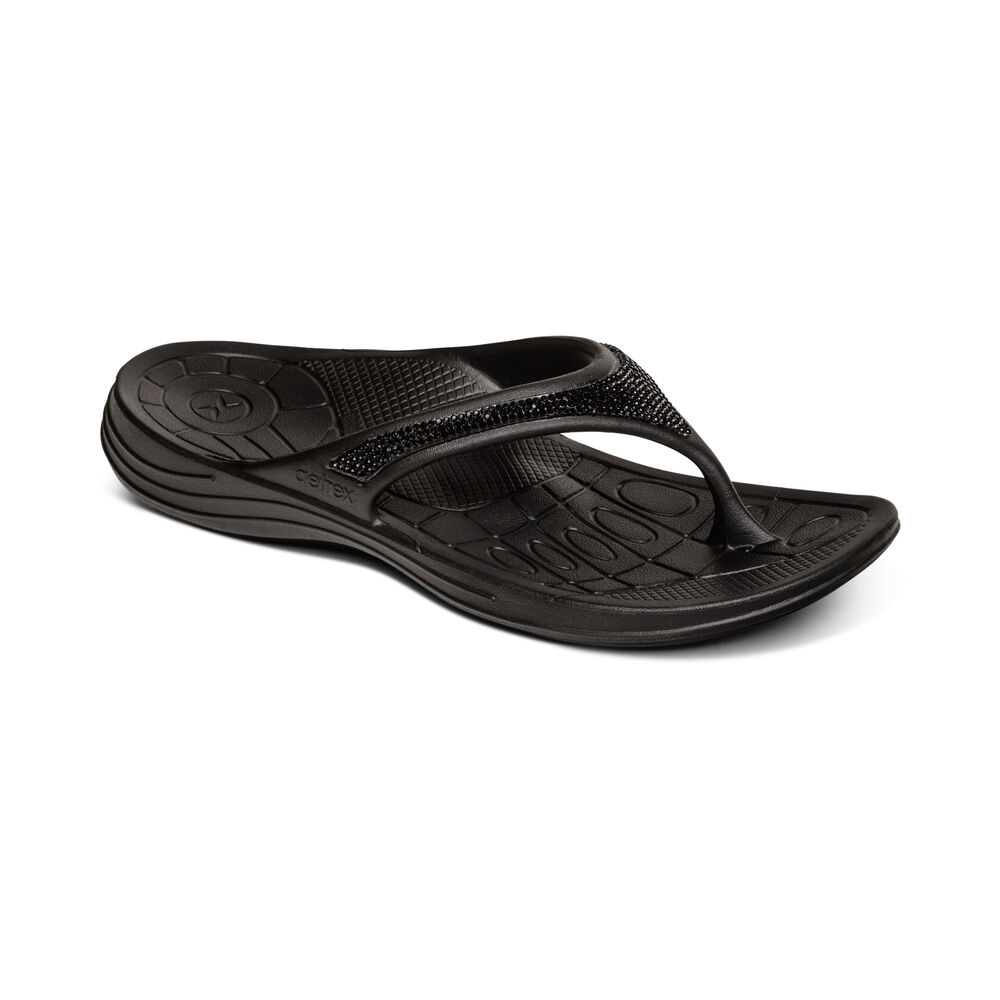 Aetrex Women's Fiji Orthotic Flip Flops - Black | USA ZAG3T81